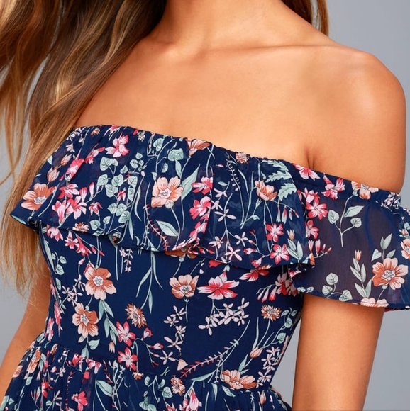 Lulu's My Favorite Navy Blue Floral Print Off--the-Shoulder Dress - Picture 4 of 8